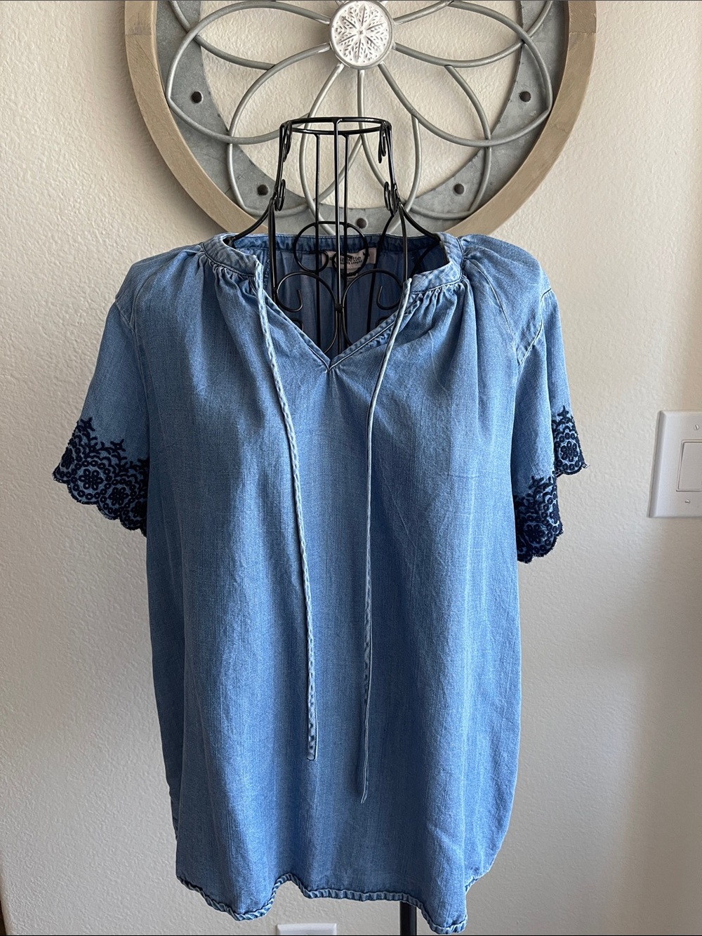Nanette Lepore Light Blue Chambray Tie-Neck Top with Navy Embroidered Sleeves